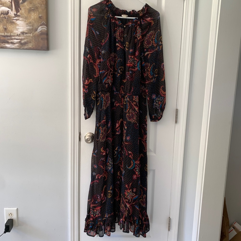 Monsoon Womens Paisley Floral Maxi Dress Black Boho Peasant Ruffle‎ Size 14 US